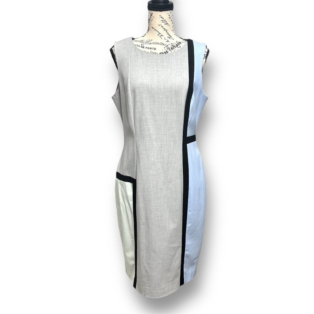 Calvin Klein 10 Gray Blue Colorblock Sheath‎ Midi Dress Sleeveless Work Office